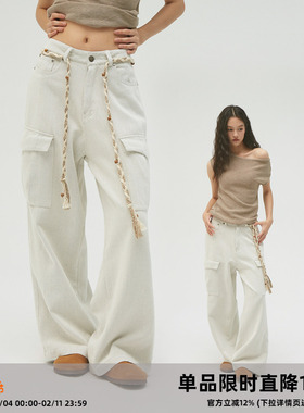 CASD（Clamisgold）游牧系带*脏白色 宽松口袋工装裤男女伞兵长裤