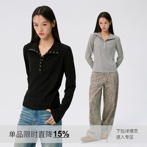 岚室莱赛尔翻领长袖显瘦T恤女