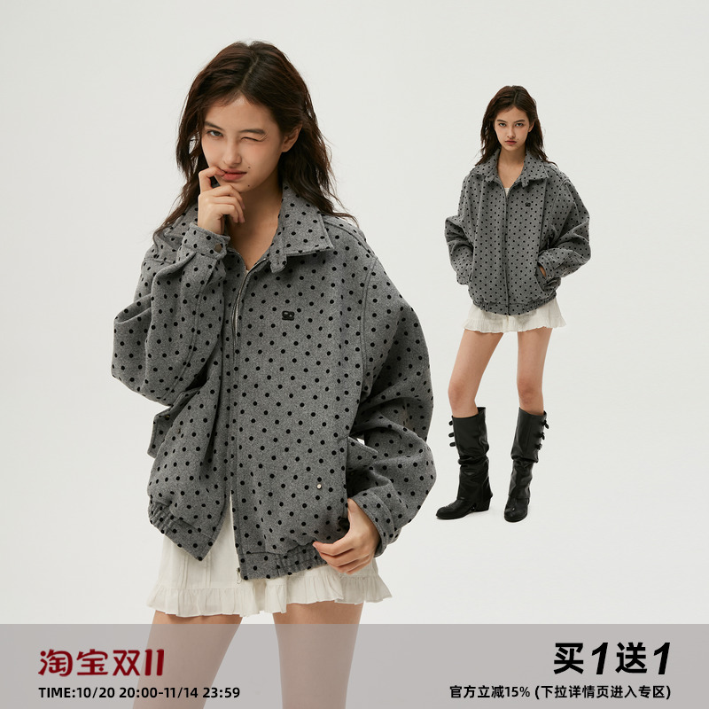 岚室植绒波点宽松毛呢外套