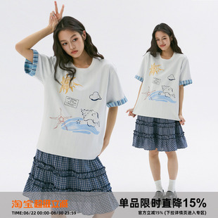 【断码特价】岚室 *夏日么么茶*蜡笔涂鸦翻边撞色条纹短袖T恤男女