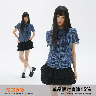 岚室(Clamisgold)南法浪漫*复古花边格纹抽褶皱短袖衬衫上衣女