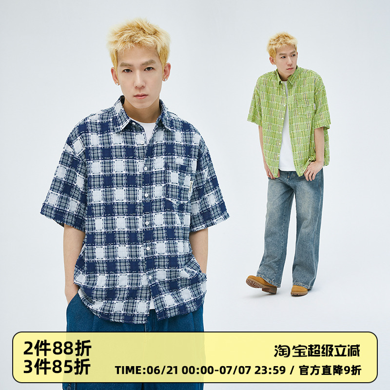 Clamisgold美式破坏格纹短袖衬衫