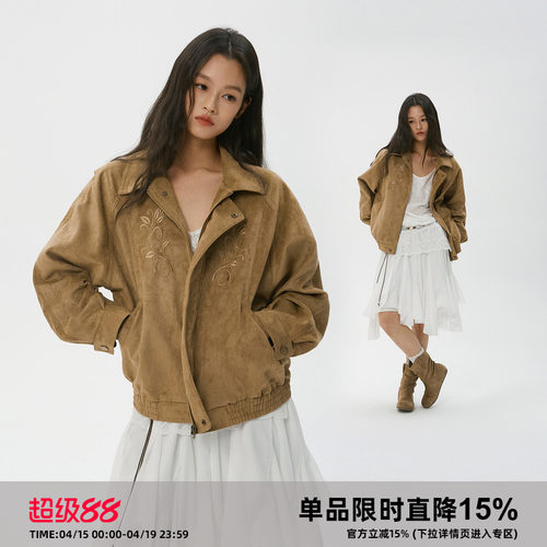 岚室/鸢尾花刺绣焦糖麂皮绒外套