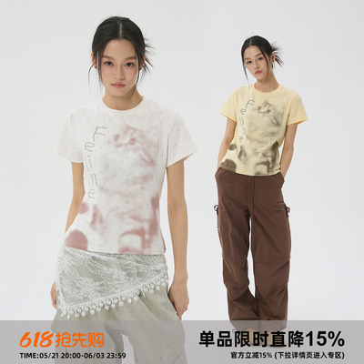 岚室像素猫咪碎花正肩短袖T恤女