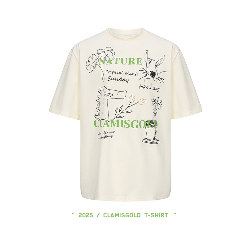 岚室（Clamisgold）美式植物系*花卉动物字母涂鸦五分袖T恤短袖男