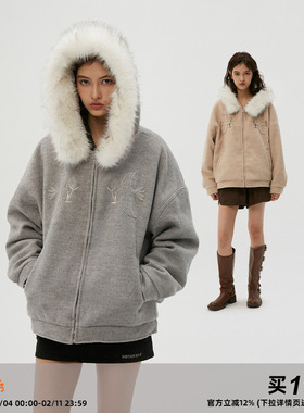 Clamisgold（岚室）飞鸟与花*连帽毛领羊毛呢大衣加绒厚外套棉服