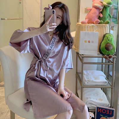 宽松复古风唐装半袖仿真丝浴袍