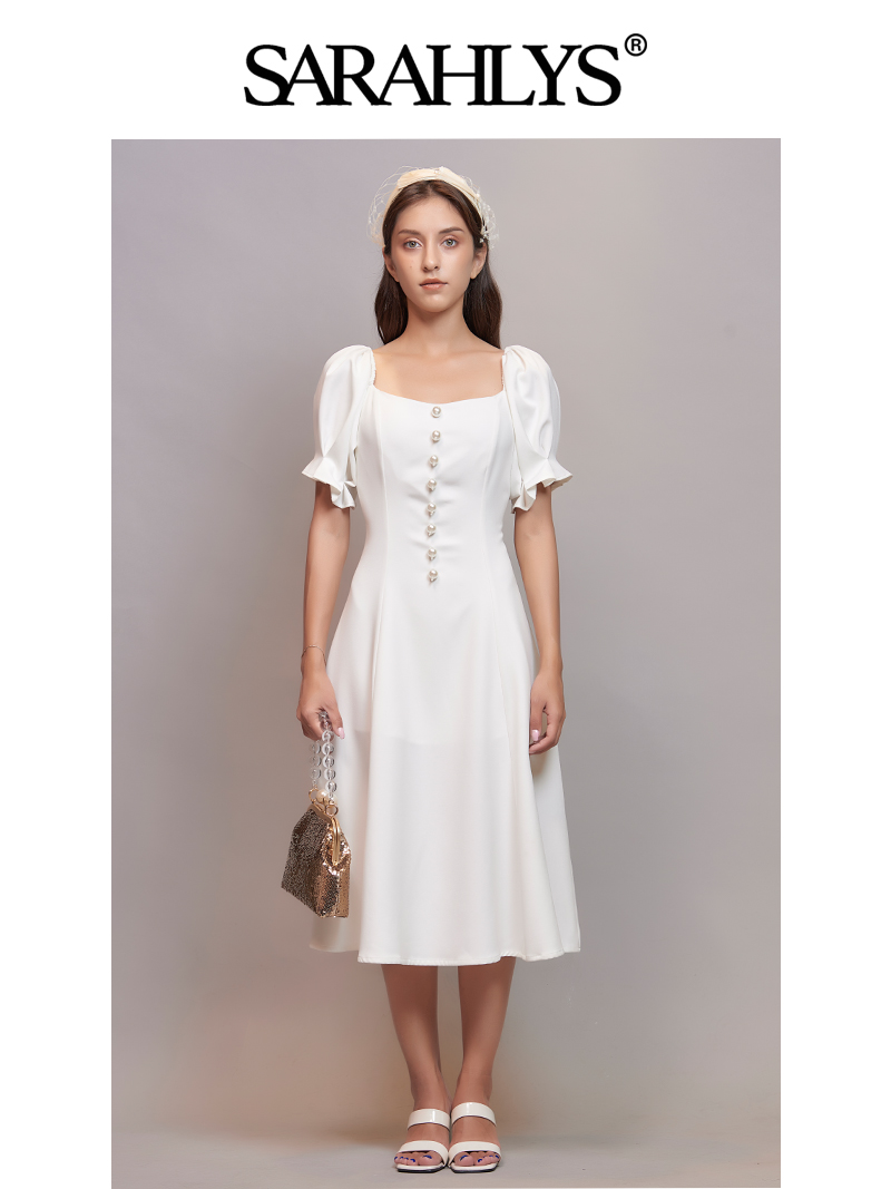 SARAHLYS小众设计师品牌 复古法式U领泡泡袖修身白色礼服连衣裙