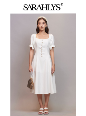 SARAHLYS小众设计师品牌 复古法式U领泡泡袖修身白色礼服连衣裙