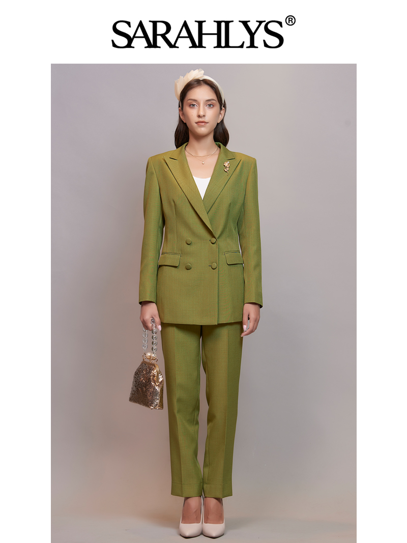SARAHLYS小众设计师品牌 牛油果绿西服套装 法式复古双排西服外套