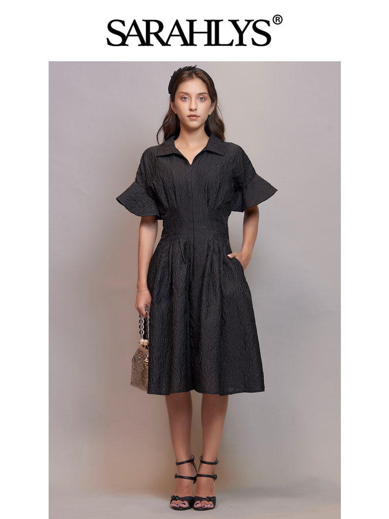 SARAHLYS小众设计师品牌 小黑裙 机理气质法式A字大伞摆连衣裙