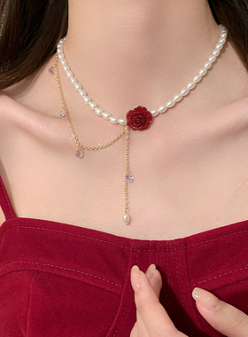 玫瑰花珍珠款项链女时尚轻奢小众红色锁骨链法式复古吊坠颈链配饰