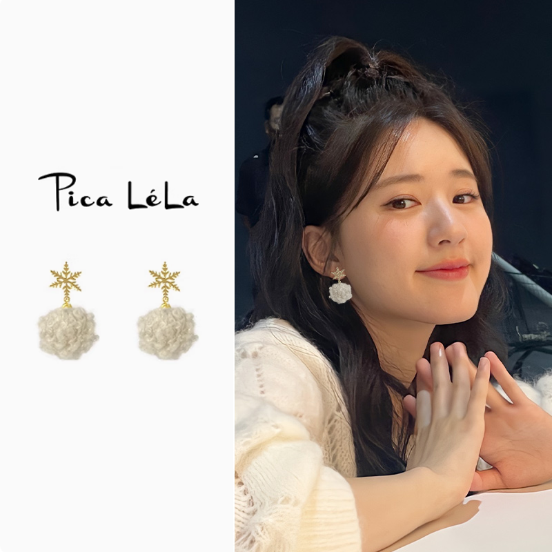 雪花毛绒球耳夹女小众设计