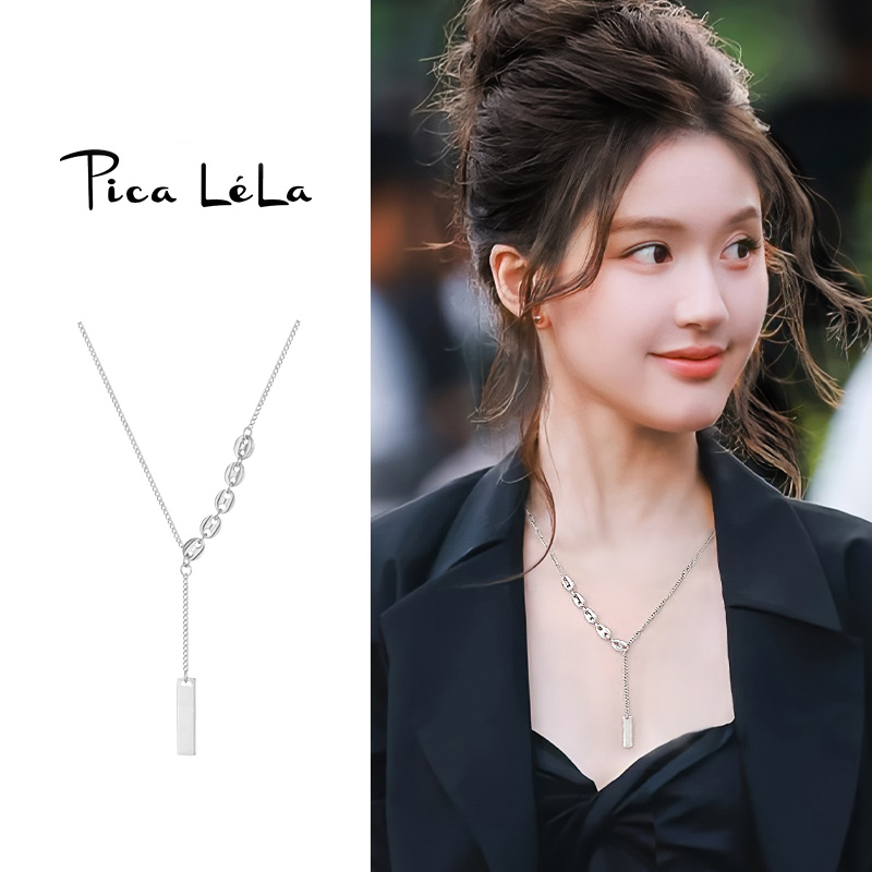 银色流苏方形吊坠项链女