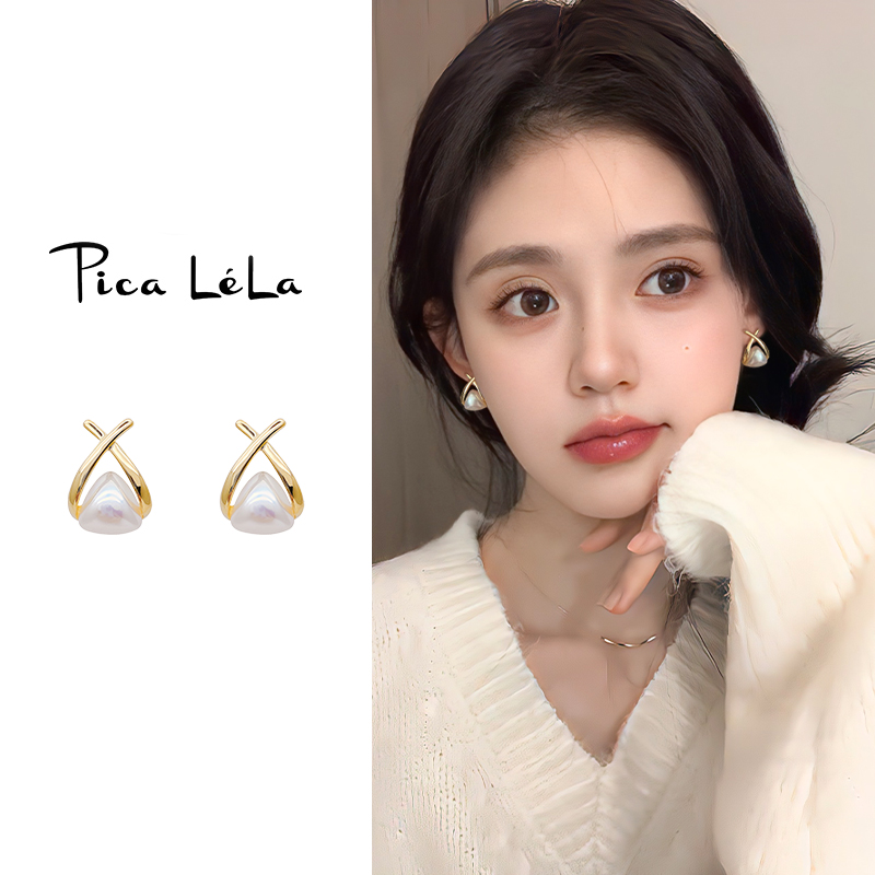 金色珍珠款纯银耳钉女