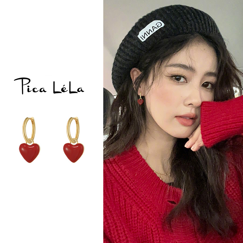 红色爱心耳环女复古小众