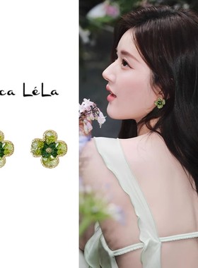 森系绿色花朵耳环女小众设计感高级气质耳钉纯银耳饰2025新款爆款