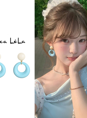 蓝色圈圈耳夹无耳洞女新款度假风高级感方圆脸艺术生夸张耳环耳饰