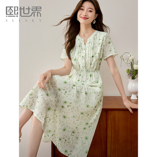 雪纺裙子 度假风夏季 熙世界气质薄荷绿碎花连衣裙女2024年新款 法式