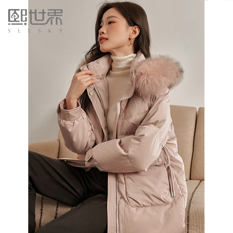 秒杀】熙世界狐狸毛领宽松面包羽绒服中长款鸭绒外套2024冬装新款
