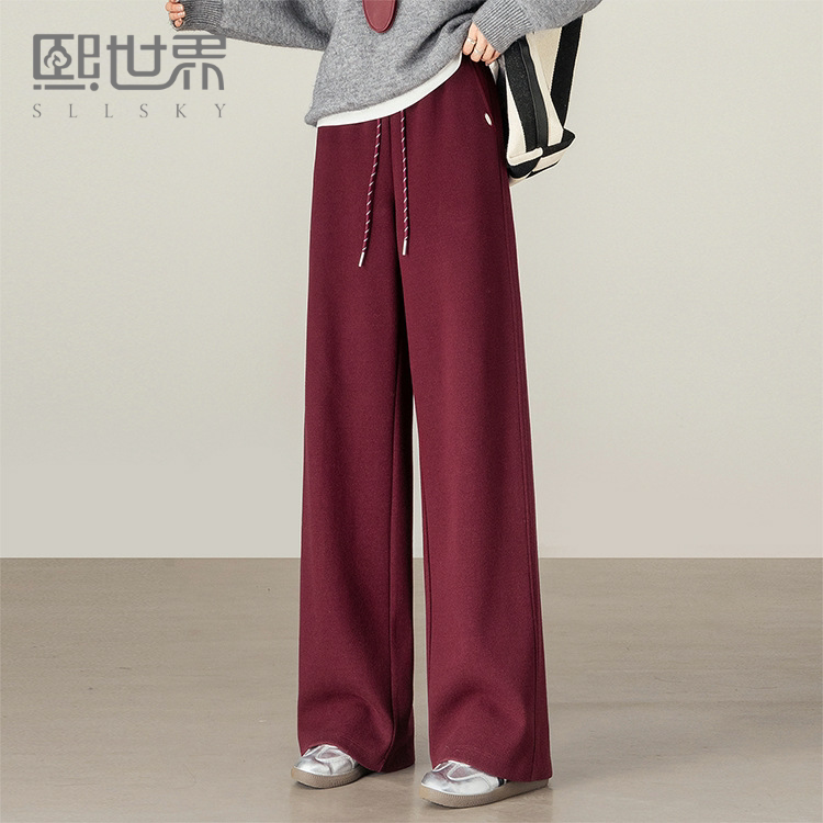 熙世界【早八神裤】复古红色阔腿裤女士春季休闲运动高腰直筒长裤图片