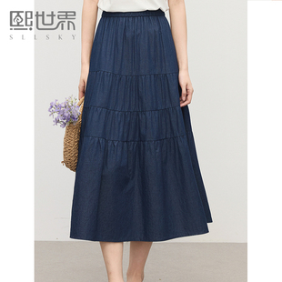 薄款 熙世界丹宁软牛仔半身裙女夏季 高腰宽松100%纯棉a字蛋糕裙子