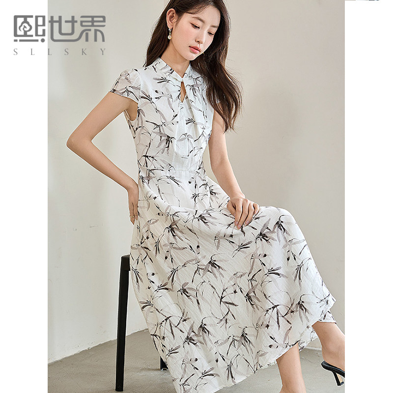 熙世界新中式水墨印花连衣裙女2026夏装新款立领国风长裙雪纺裙子