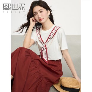 熙世界法式 正肩体恤上衣 丝巾领结印花短袖 t恤女设计感2025夏新款