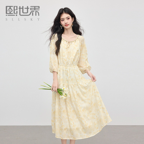 熙世界法式浪漫蝴蝶绣花连衣裙女早秋2025年新款贝壳圆领收腰裙子