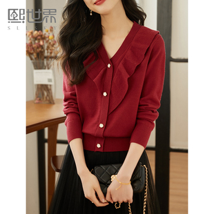 熙世界本命年红色毛衣女秋冬高级感2025复古V领长袖 打底针织衫