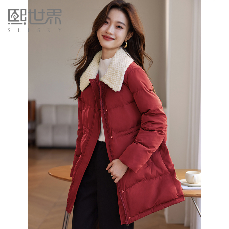 熙世界新年红色羽绒棉服女士中长款冬新款仿兔毛翻领保暖棉衣外套