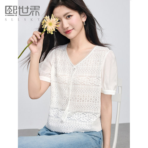 熙世界重工绣花V领蕾丝衬衫女2025夏新款气质泡泡袖白色小衫上衣
