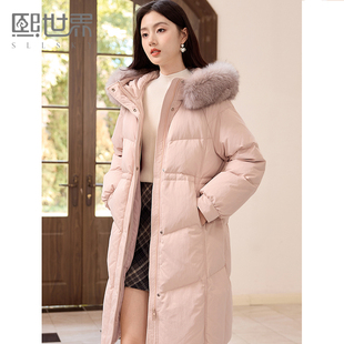 熙世界90白鸭绒中长款羽绒服女遮屁股洋气2025大毛领连帽保暖外套