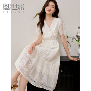 熙世界新中式国风天丝连衣裙女高级感2024夏季泡泡袖气质白色裙子