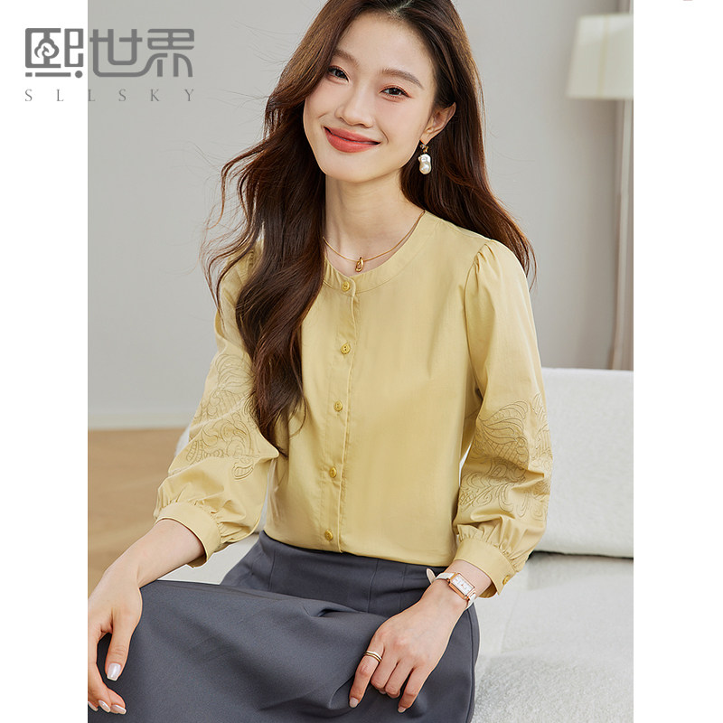 熙世界白色刺绣七分袖衬衣女2025年早秋新款法式减龄圆领衬衫上衣