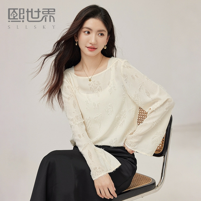 熙世界羽毛流苏一字领雪纺衫女2025秋季新款高级感喇叭袖宽松上衣