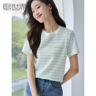 2025夏新款 熙世界冰丝针织条纹T恤女短袖 气质银丝小香风圆领上衣