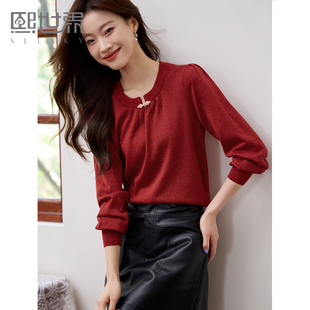 熙世界新中式盘扣红色毛衣女设计感羊毛针织打底衫2025年秋冬新款
