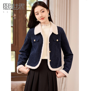 熙世界2024冬季新款小香风灯芯绒仿羊羔毛外套女加厚短款翻领上衣