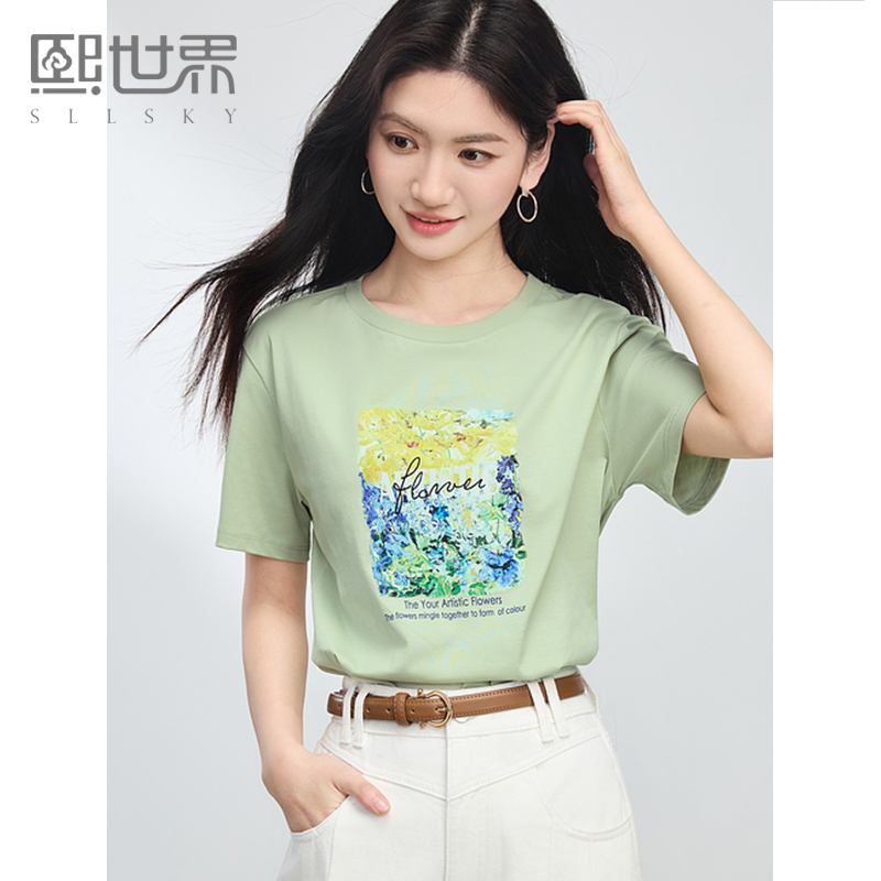 熙世界淡人穿搭复古油画印花T恤短袖女夏艺术感宽松休闲圆领上衣
