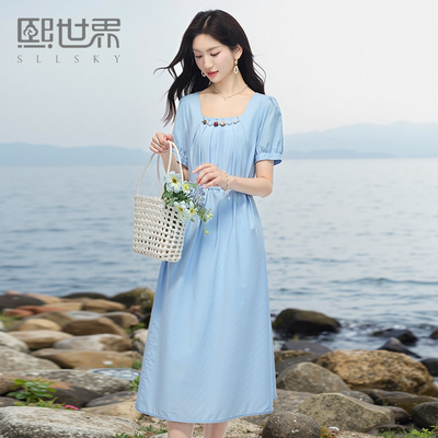 熙世界2025年夏季法式方领短袖连衣裙女泡泡袖气质收腰蓝色裙子
