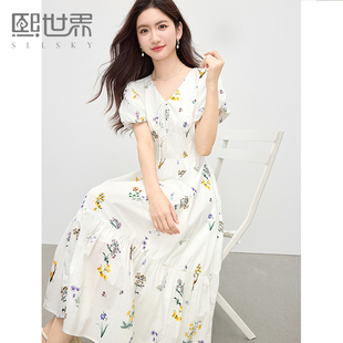 熙世界法式植物碎花连衣裙女夏天2025新款收腰显瘦鱼尾摆V领裙子