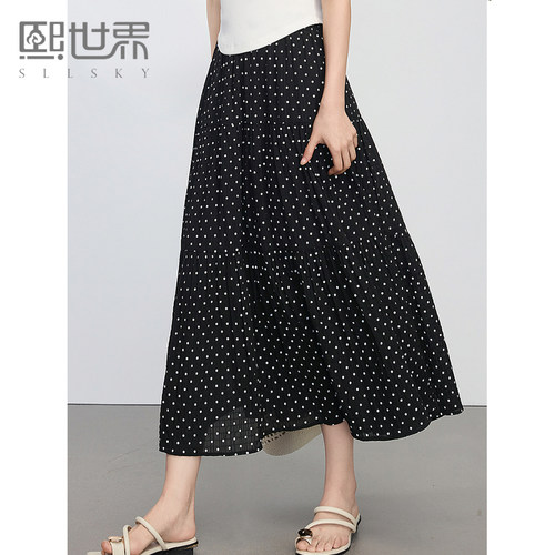 熙世界波尔卡黑底波点半身裙女夏季新款高腰复古圆点雪纺a字伞裙