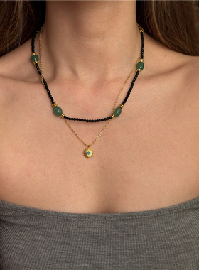 安小柏◆中式国风复古绿玛瑙石黑尖晶拼接项链叠戴锁骨链百搭气质