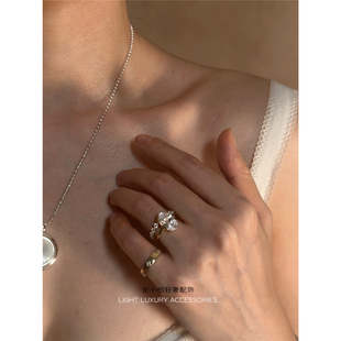 安小柏 通体s925纯银鸽子蛋戒指 叠带美式欧美简约点钻钻石女轻奢