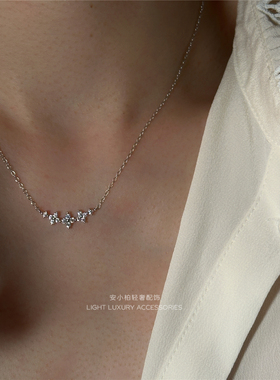 安小柏 通体s925纯银锆石锁骨链 法式亮钻四叶花朵项链女轻奢气质
