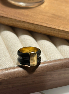 安小柏◆欧美法式复古珐琅滴釉黑金拼色戒指女小众设计高级感指环