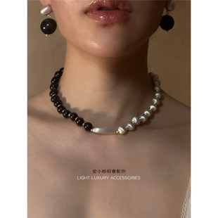 安小柏 小众设计银色拉丝黑檀木项链轻奢高级感拼接金属球耳环女
