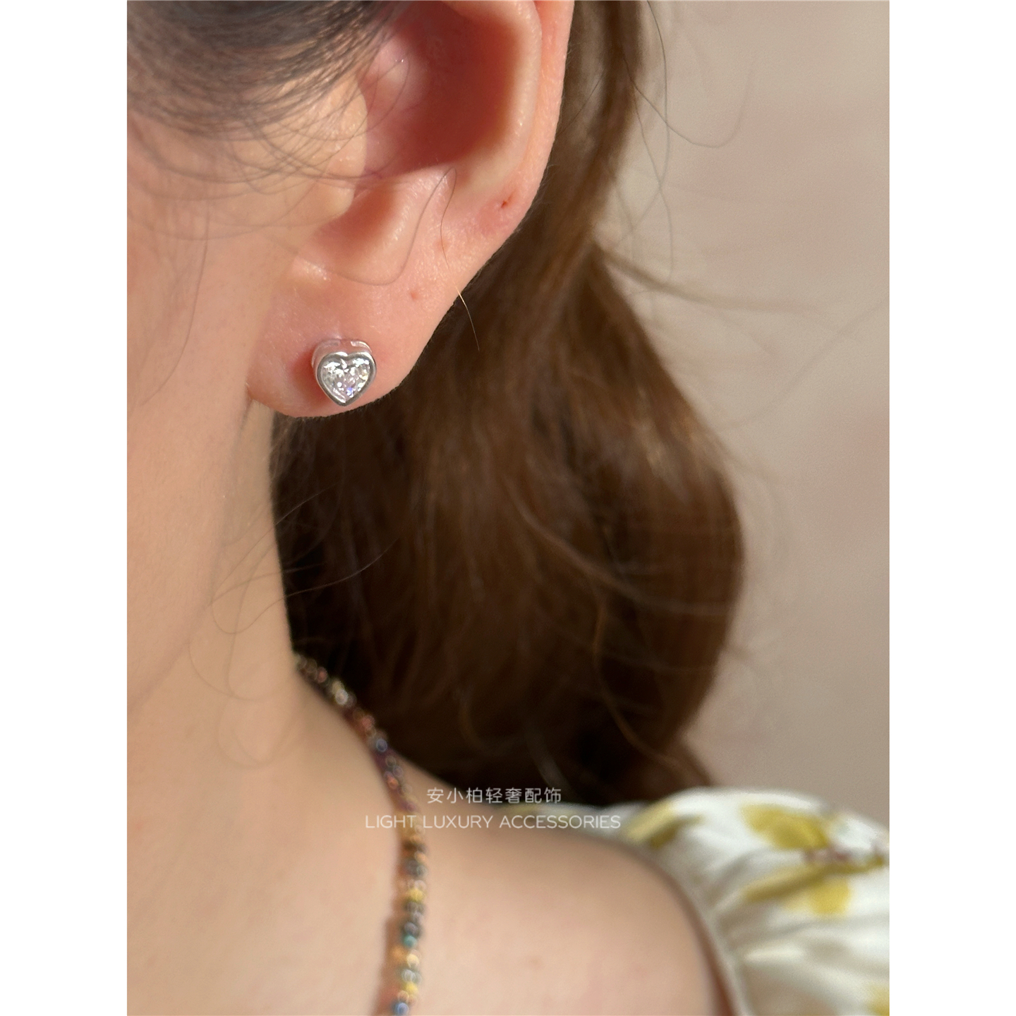 安小柏 通体s925纯银爱心耳钉小众日韩立体锆石镶嵌耳环女ins叠带