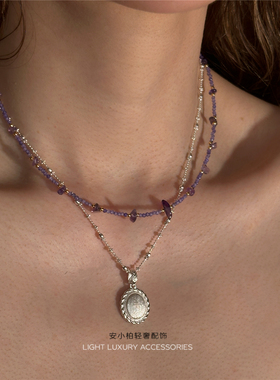 安小柏 法式复古 通体S925纯银意大利拉丝工艺气质精致椭圆坠项链